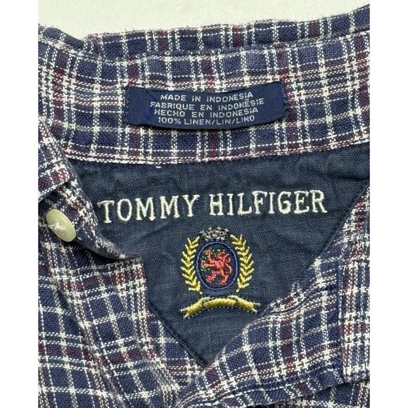 Tommy Hilfiger Men's Medium Blue Red White Long Sleeve Casual Linen Plaid Shirt - Picture 2 of 6
